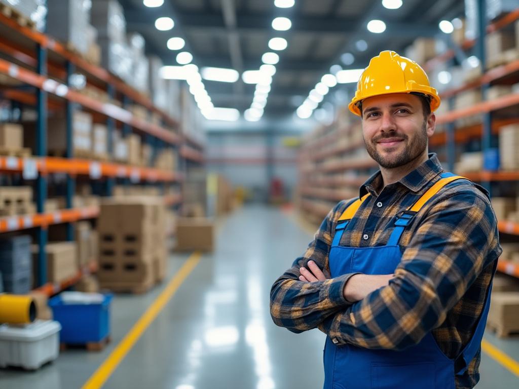 Trabajador de almacén sonriente con casco de seguridad amarillo, de pie en un pasillo de estanterías con cajas.