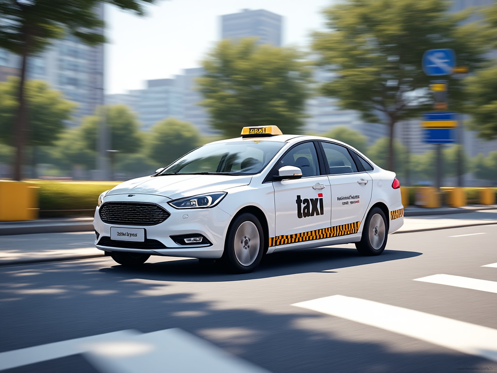Taxi blanco moderno circulando por una calle urbana con edificios y árboles en el fondo.