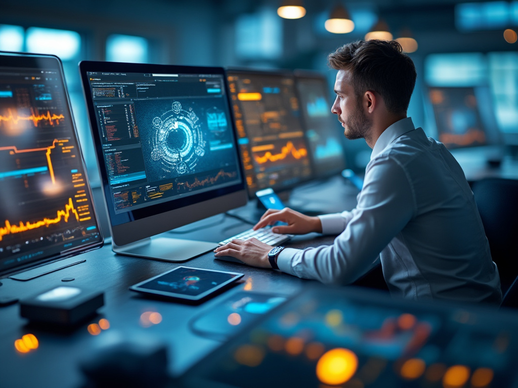 Man working on multiple computer monitors displaying data analysis graphs in a modern office.