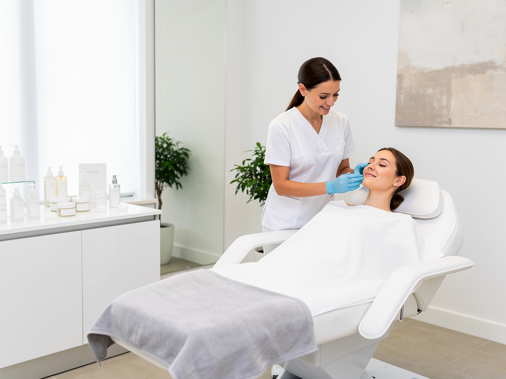 Esteticista realizando tratamiento facial a una mujer en una clínica estética moderna Esteticista realizando tratamiento facial a una mujer en una clínica estética moderna