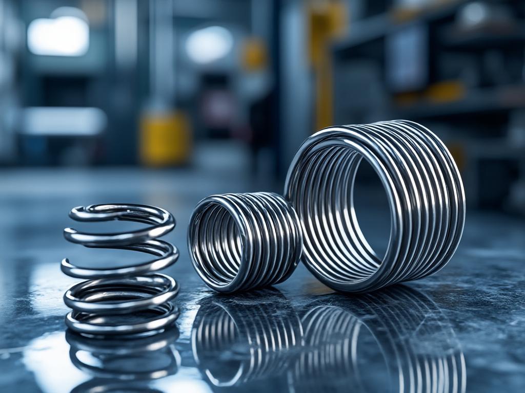 Varios resortes metálicos en un entorno industrial, sobre una superficie reflectante.