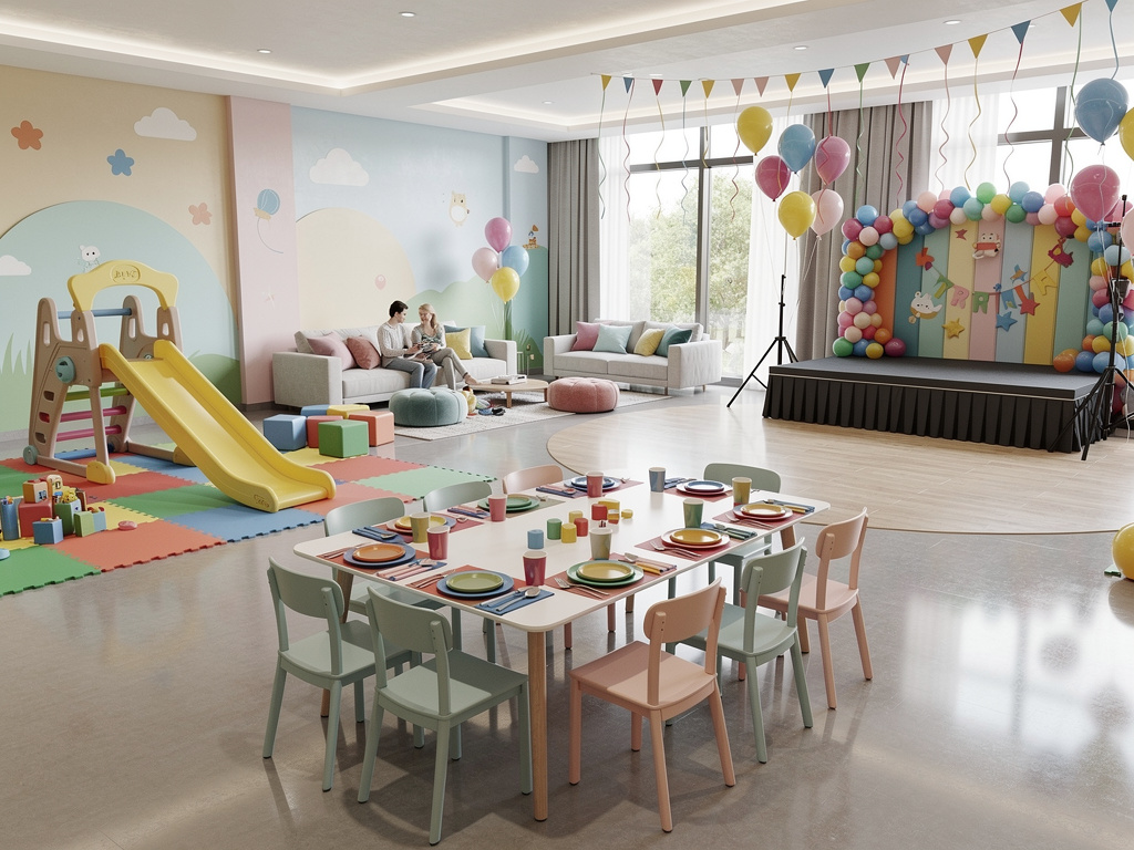 Sala de fiesta infantil decorada con globos, mesa para niños, escenario colorido y área de juegos con tobogán