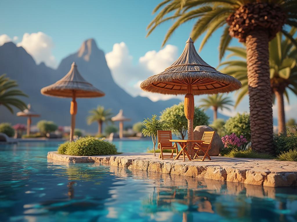 Piscina con sombrilla de paja, sillas de madera y vistas a montañas y palmeras.