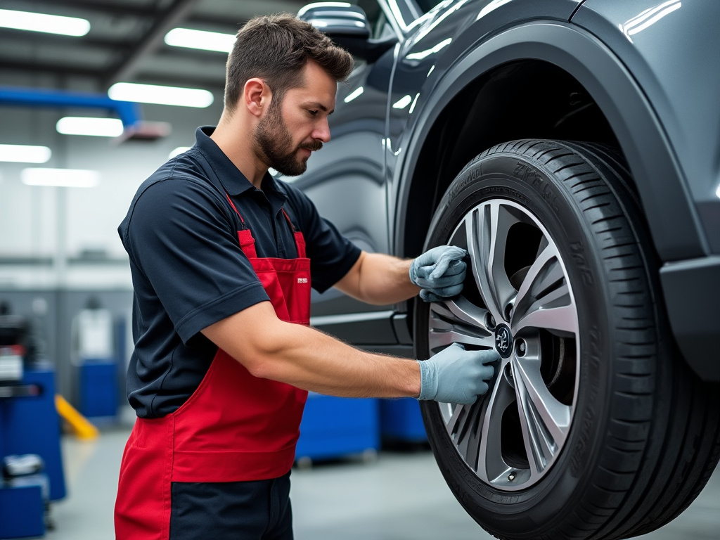 Mecánico automotriz ajustando la rueda de un coche en un taller.