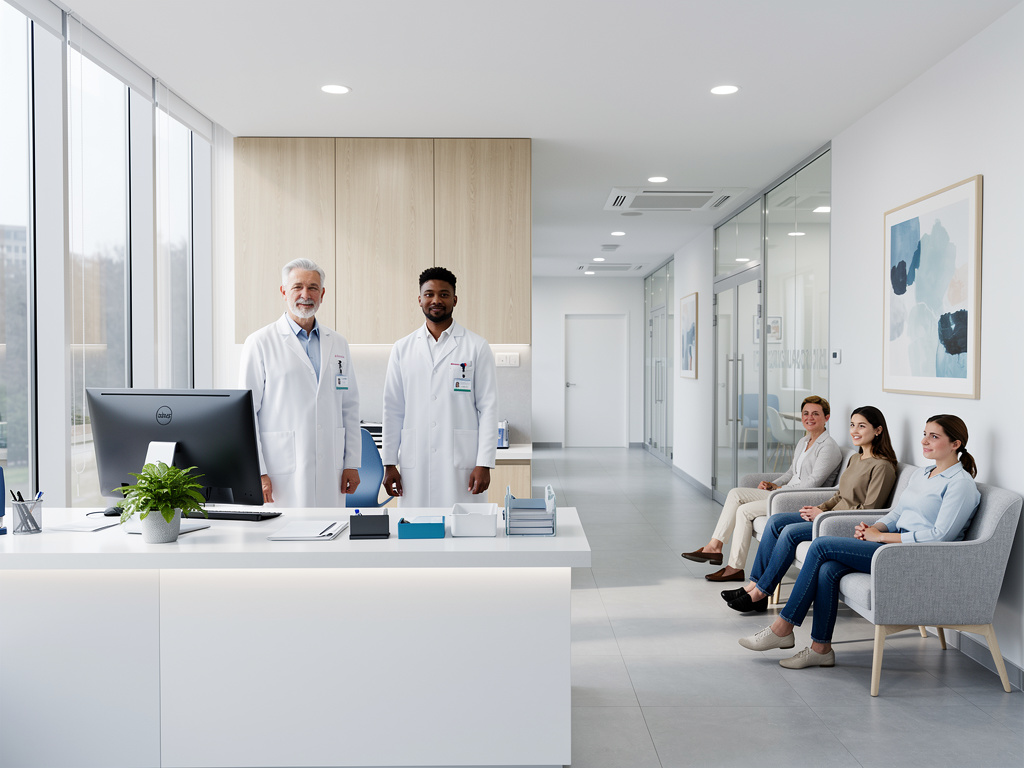 Médicos en recepción de clínica moderna con pacientes esperando en sala luminosa