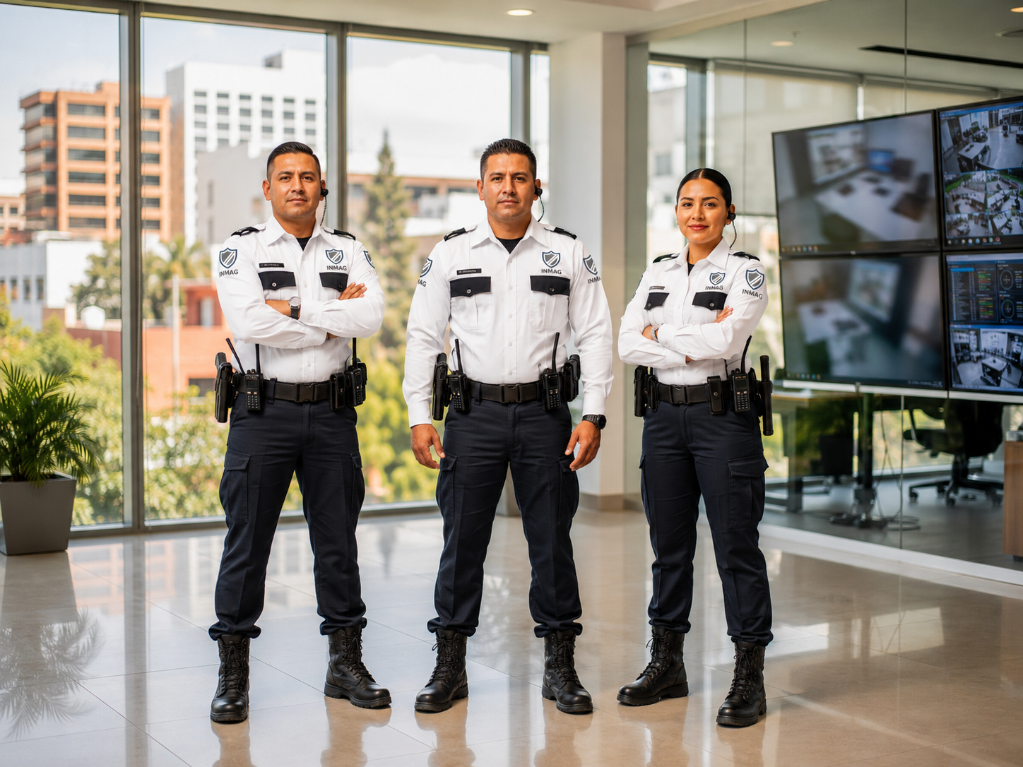 Tres policías uniformados en centro de monitoreo con pantallas de seguridad y ventanas panorámicas