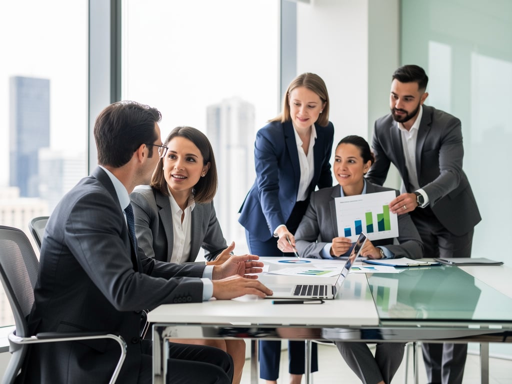 Equipo de negocios analizando gráficos financieros en una reunión de oficina moderna