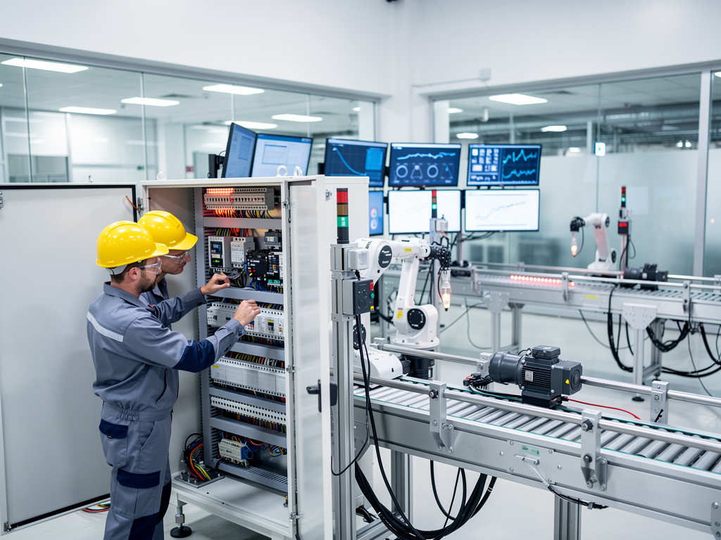 Técnicos con cascos amarillos revisando un panel eléctrico en una línea de producción automatizada con robots industriales y monitores de control
