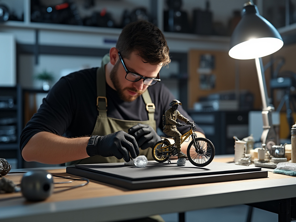 Man sculpting a detailed bicycle model in a workshop, lit by a desk lamp