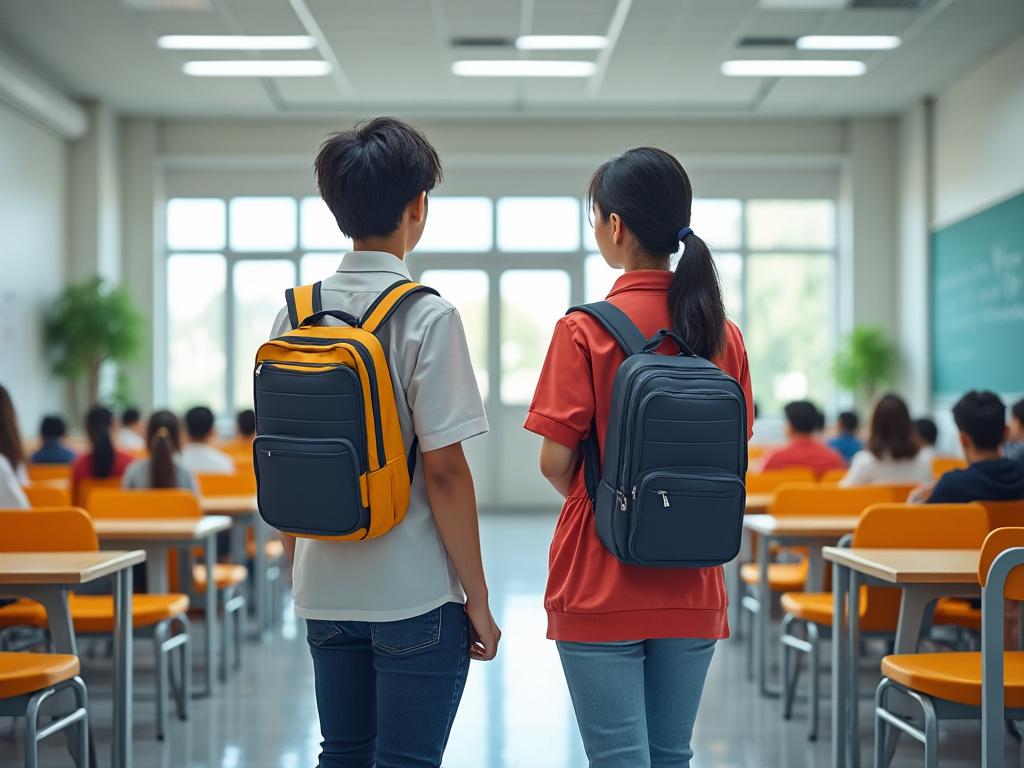 Dos estudiantes con mochilas mirando hacia el frente en un aula luminosa con escritorios naranjas y compañeros al fondo.