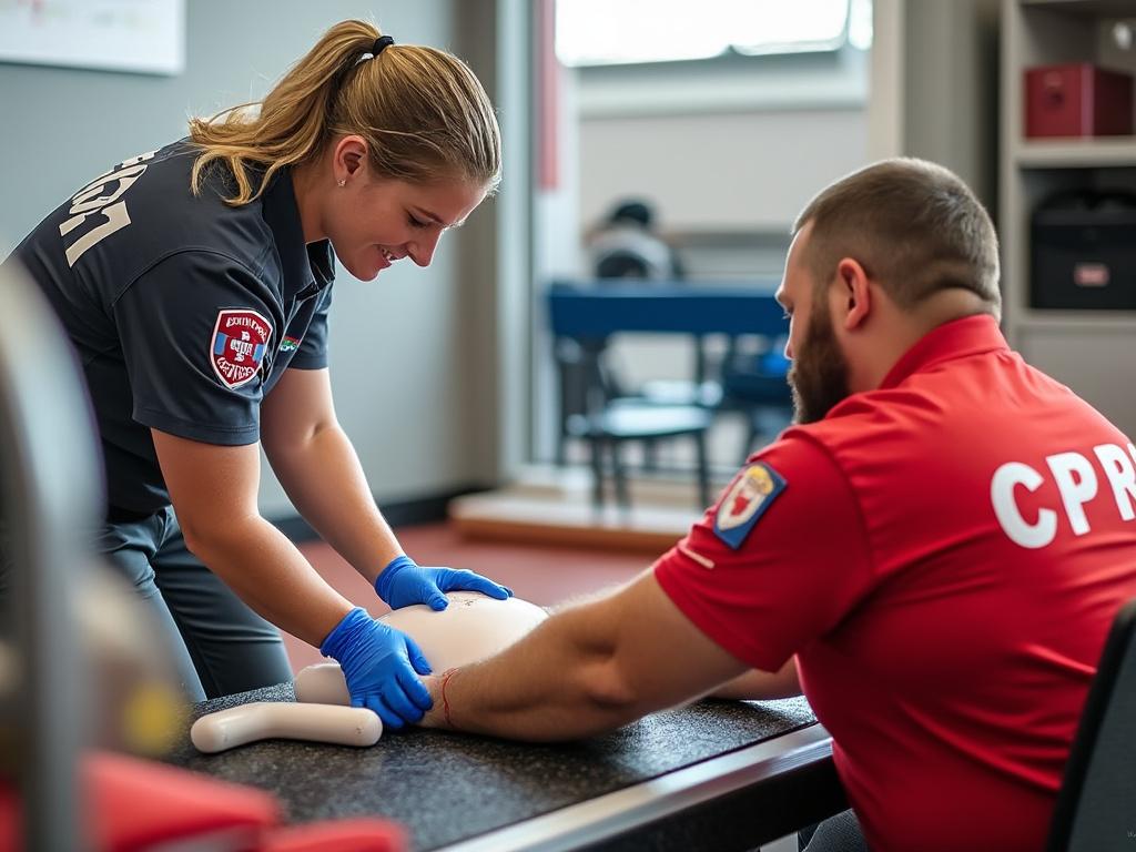 Female first aid instructor in uniform demonstrates CPR techniques to a male participant on a training dummy in a classroom setting.