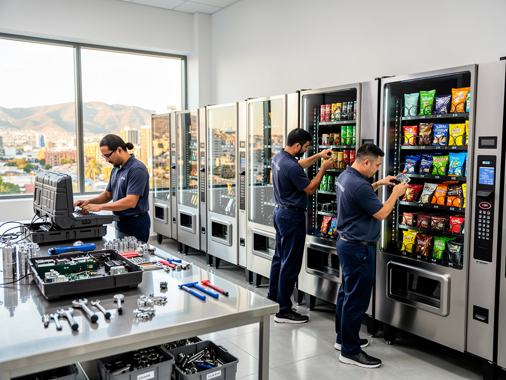 Técnicos realizando mantenimiento y reposición de máquinas expendedoras de snacks en oficina moderna con herramientas