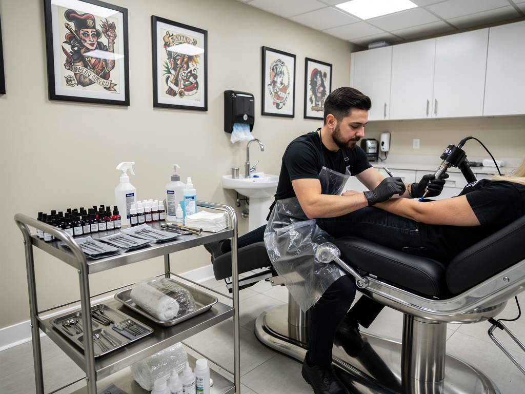 Tatuador profesional realizando un tatuaje en el brazo de un cliente en un estudio moderno con equipo esterilizado Tatuador profesional realizando un tatuaje en el brazo de un cliente en un estudio moderno con equipo esterilizado