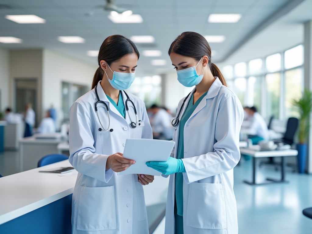 Dos doctoras con mascarillas en un entorno hospitalario, revisando documentos en una tablet.