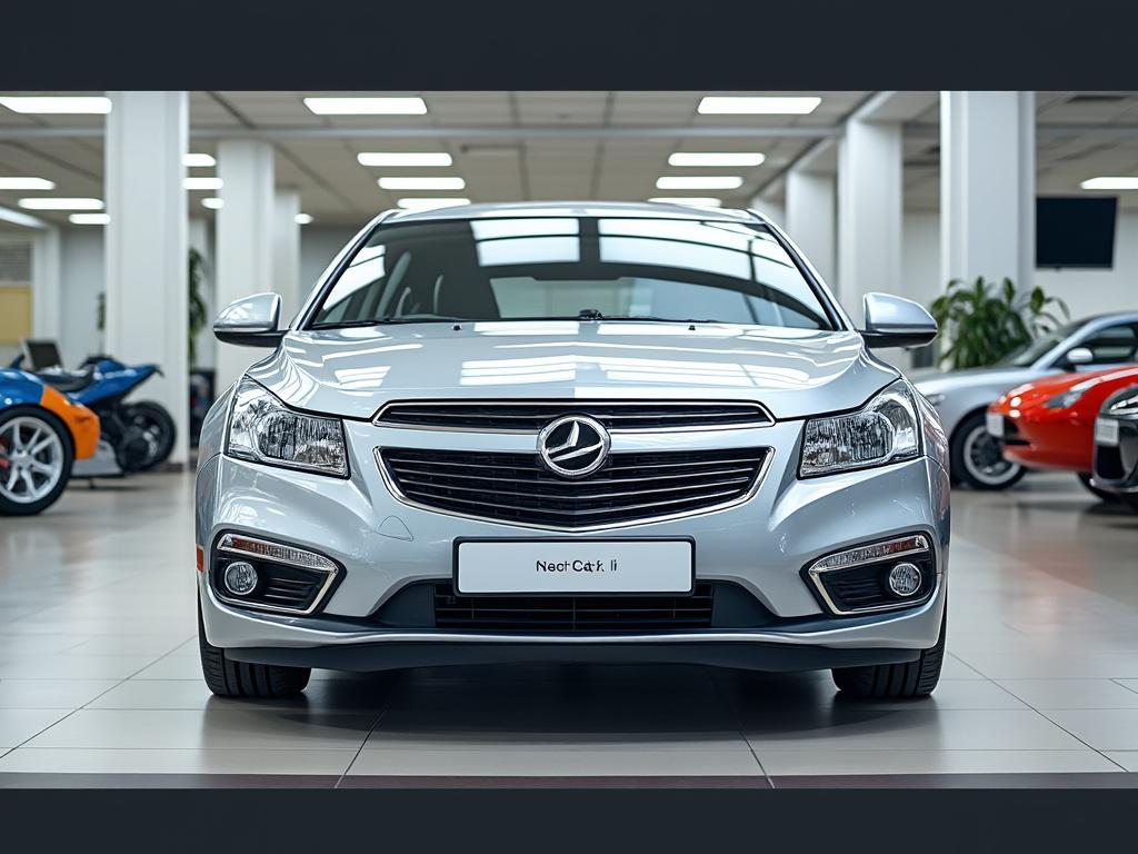Front view of a silver car in a showroom with modern ceiling lights and other vehicles in the background.