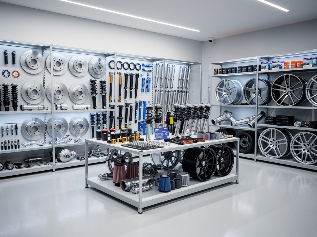 Tienda moderna de repuestos de auto con llantas, discos de freno, amortiguadores y filtros organizados en estanterías Tienda moderna de repuestos de auto con llantas, discos de freno, amortiguadores y filtros organizados en estanterías
