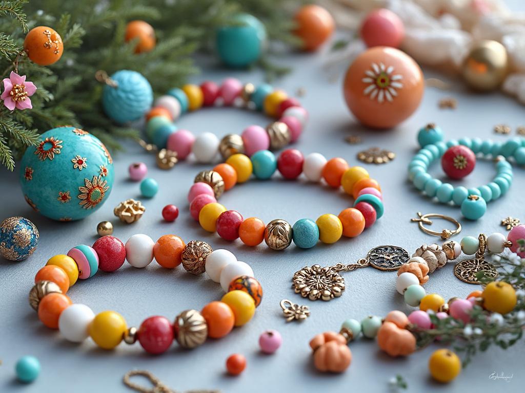 Pulseras coloridas y adornos navideños sobre mesa con decoraciones florales.

