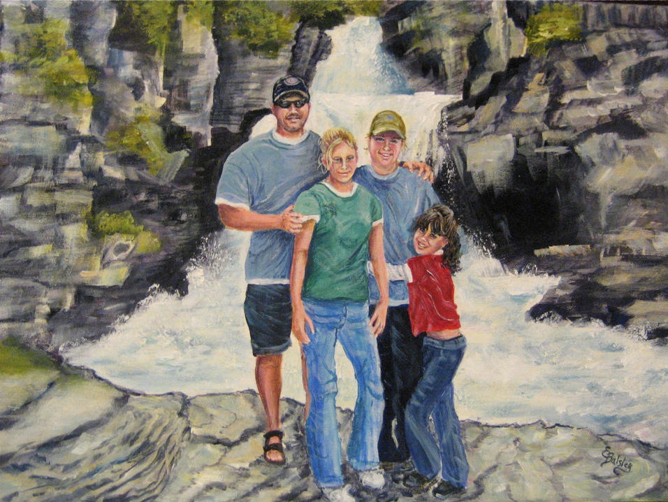 Finished painting in Acrylic - Artist's Note: Changed color of clothing slightly to create more contrast against the background.