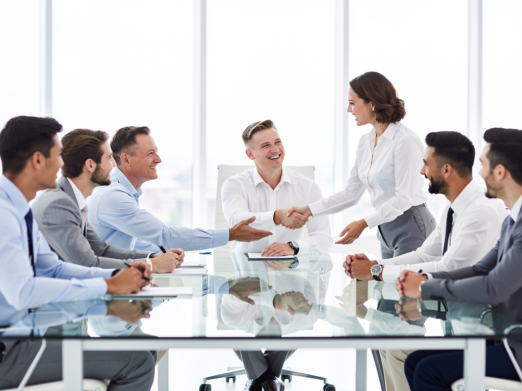 Equipo de negocios en reunión estrechando manos en una sala de conferencias moderna