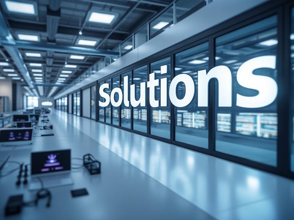 Modern office space with large 'solutions' sign on glass wall, featuring sleek workstations and ceiling lights.