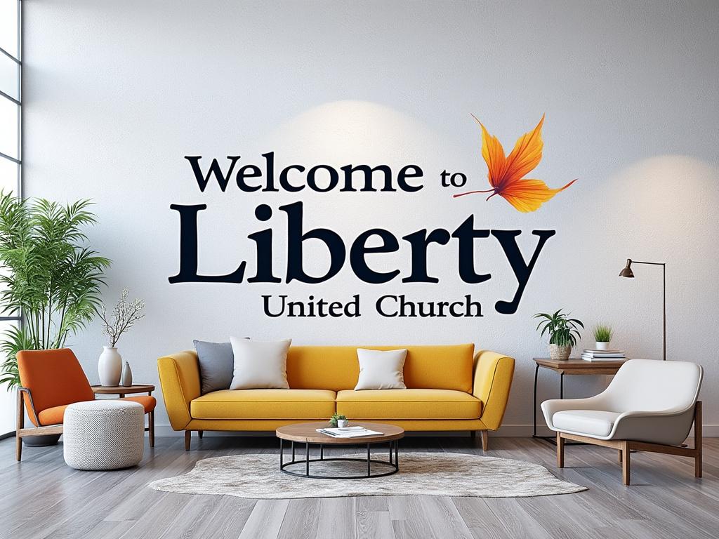 Modern living room with yellow sofa, wall art saying 'Welcome to Liberty United Church', and indoor plants.