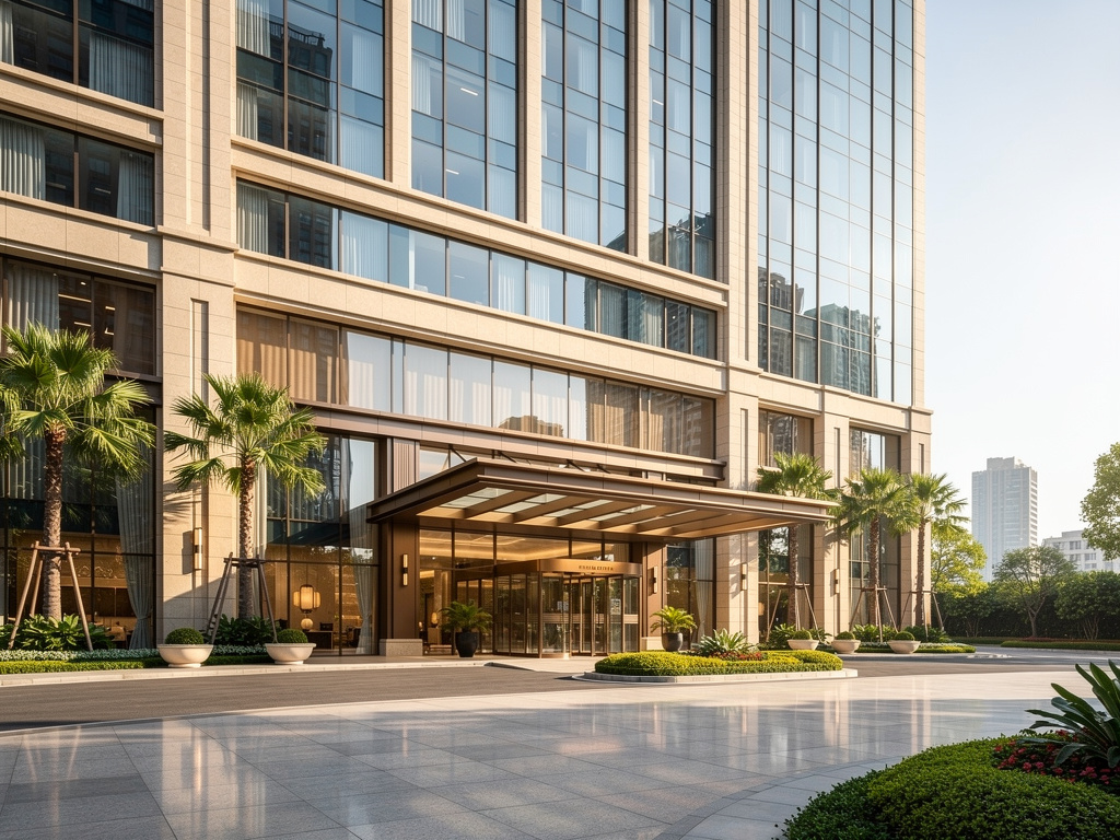 Entrada elegante de hotel moderno con fachada de cristal, palmeras y acceso cubierto en zona urbana