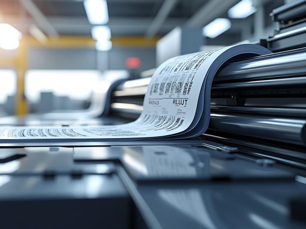 Máquina de impresión en funcionamiento con papel impreso saliendo, en entorno industrial.