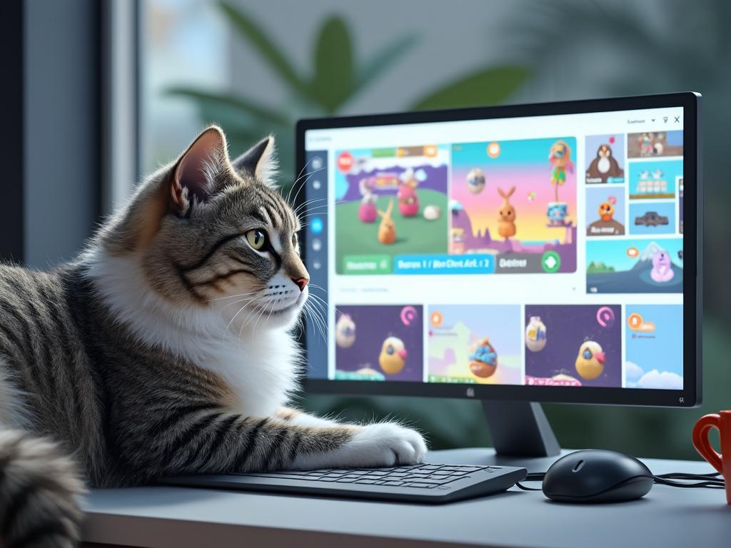 Tabby cat lying on a keyboard in front of a computer screen displaying colorful cartoon graphics, with a mug on the desk.