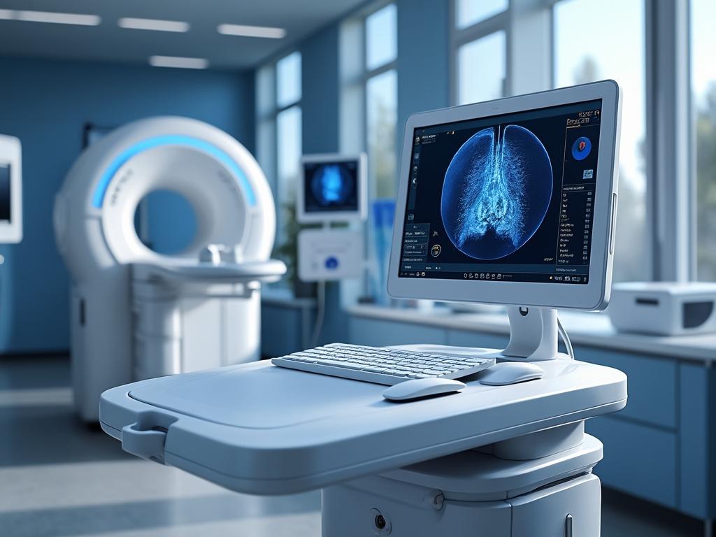 Sala de diagnóstico médico con escáner CT y pantalla mostrando imagen de pulmón en hospital moderno.