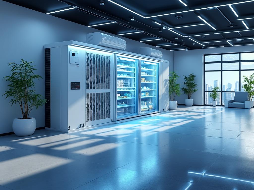Sala moderna con grandes ventanas, refrigeradores industriales iluminados y plantas en macetas blancas.