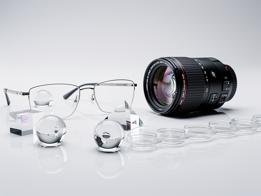 Lente de cámara, gafas y elementos ópticos de vidrio sobre fondo blanco