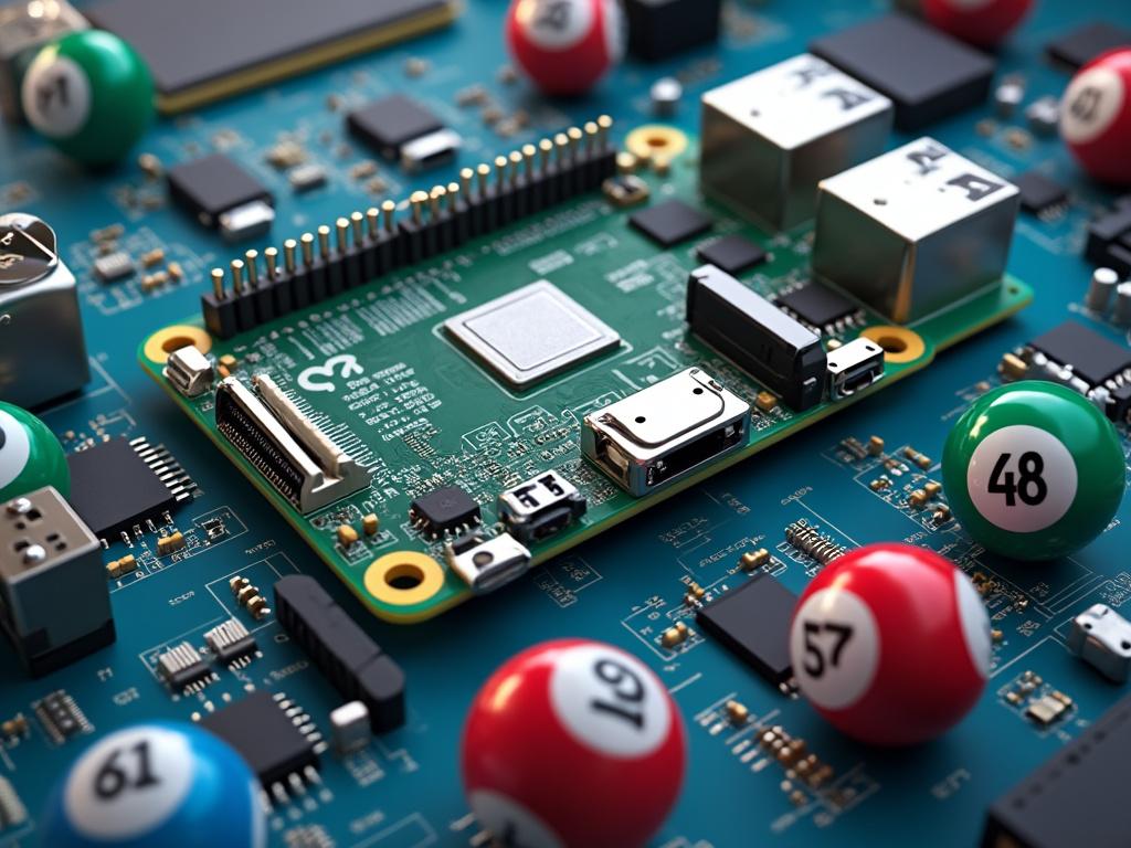 Close-up of a microcontroller on a circuit board with colorful numbered balls.