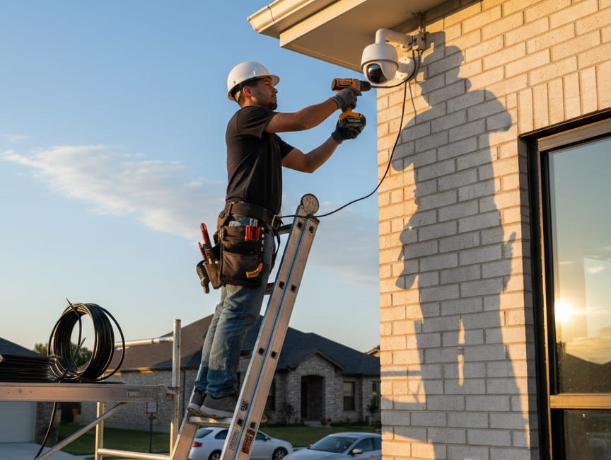 Manos sosteniendo holograma digital con iconos tecnológicos y gráficos en entorno empresarial.