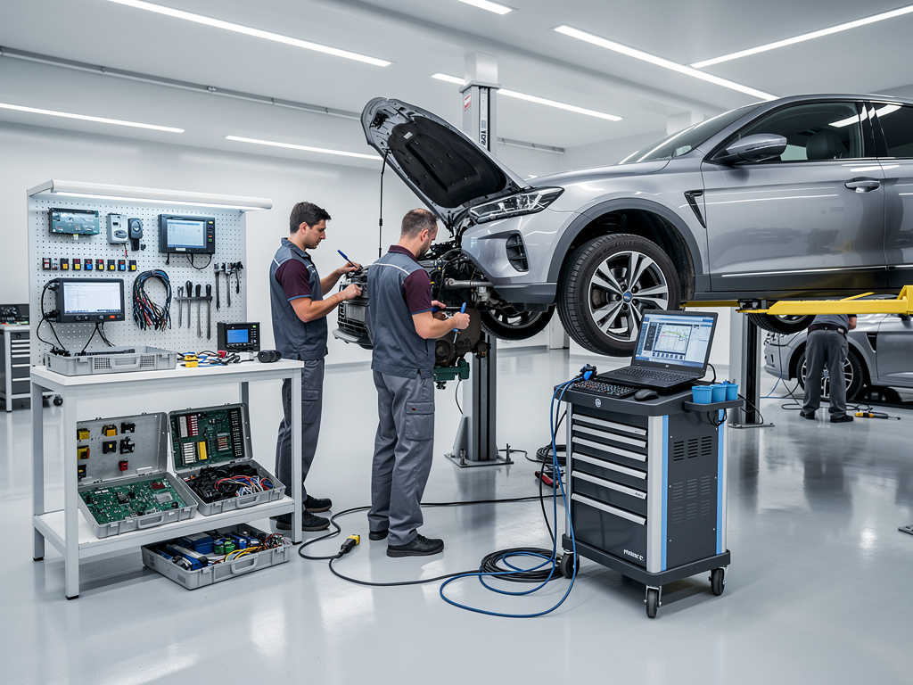 Técnicos reparando un coche en elevador con equipos de diagnóstico electrónico en taller mecánico moderno