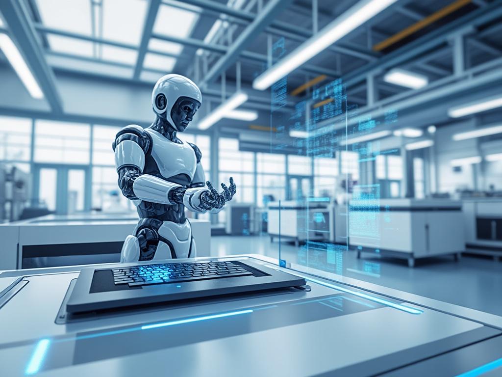 Robot androide en un laboratorio futurista interactuando con hologramas y tecnología avanzada.