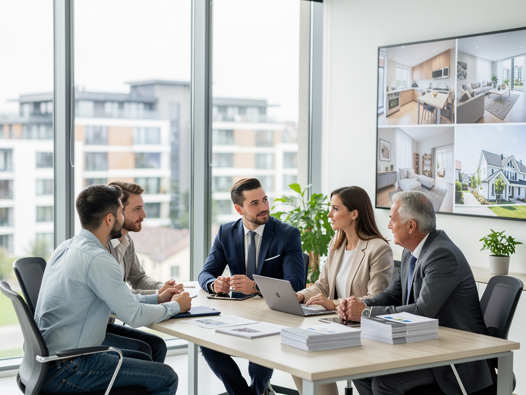 Reunión de agentes inmobiliarios y clientes en oficina moderna revisando propiedades en venta en pantalla