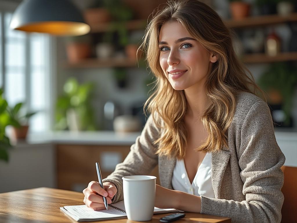 Mujer escribiendo en un cuaderno en una cocina luminosa y moderna, con plantas y una taza de café en la mesa.