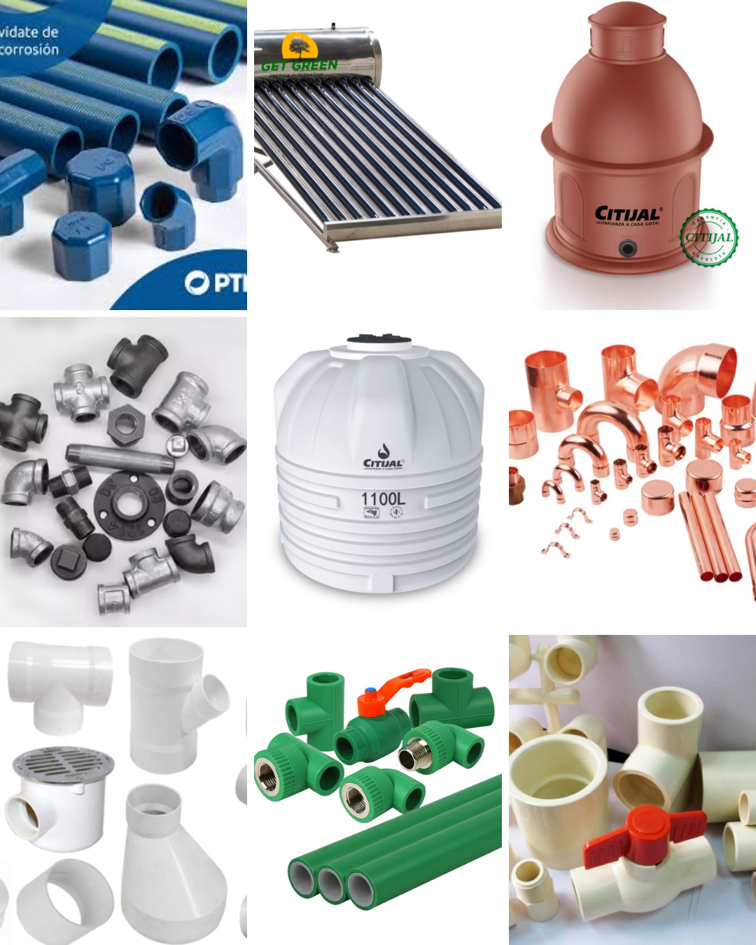 Collage de productos de fontanería que incluye tuberías de PVC azules, un calentador solar, tanques de almacenamiento de agua Citrual, tuberías y accesorios de cobre, conexiones de polímero verde y accesorios de metal.