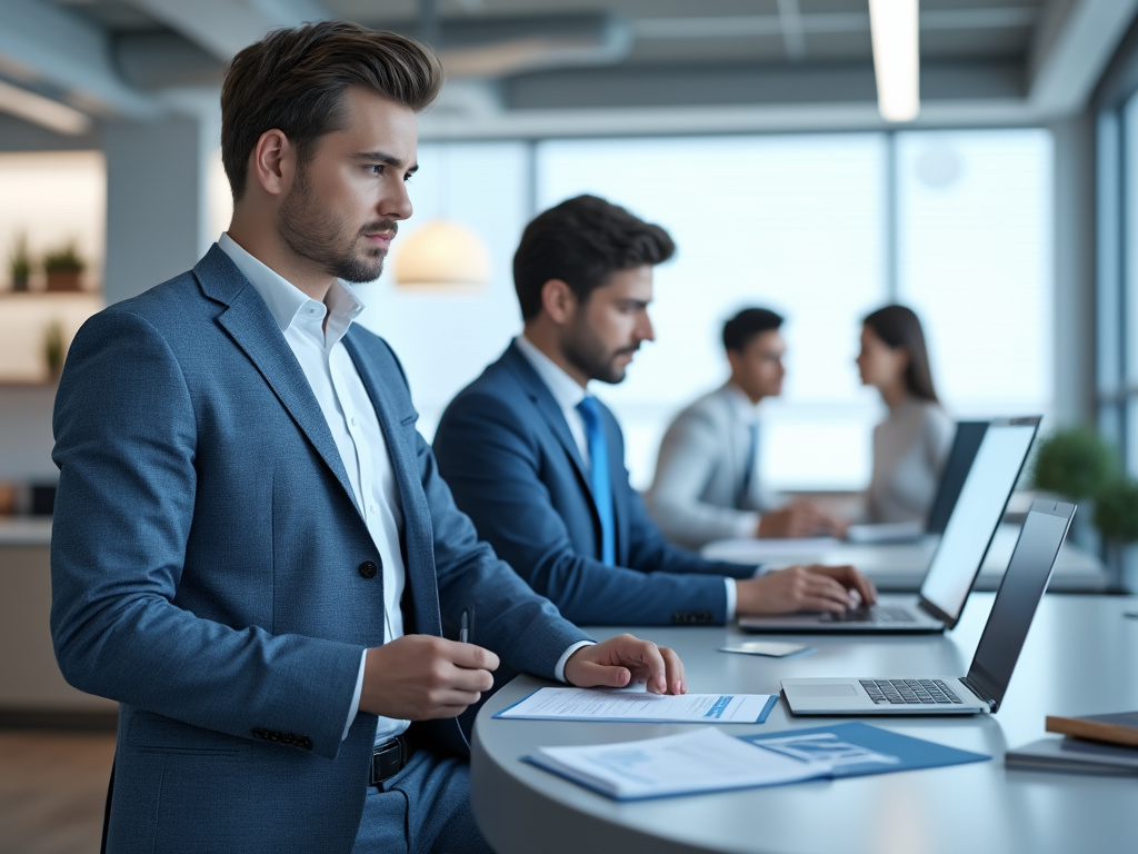 Hombres de negocios trabajando en una oficina moderna con computadoras portátiles.