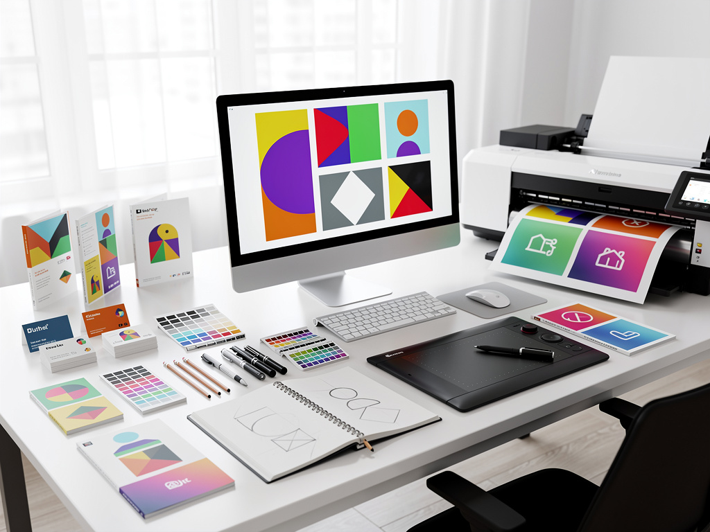Estudio de diseño gráfico con ordenador, tableta digital, impresora y muestras de colores para branding
