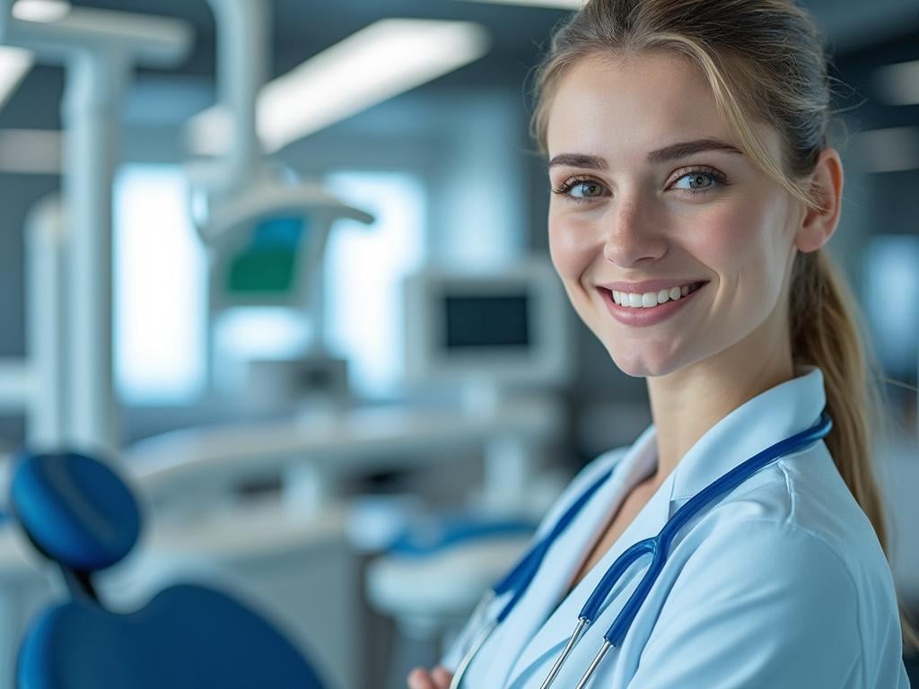 Doctora sonriente con estetoscopio en clínica médica moderna.
