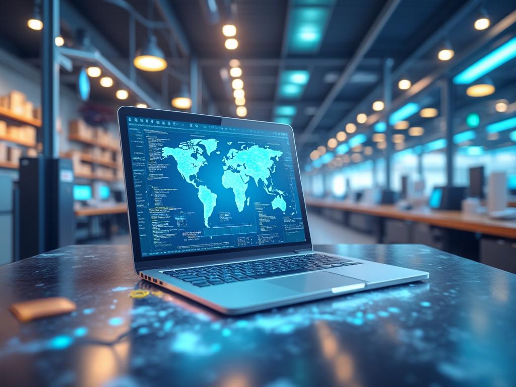 Portátil con mapa mundial digital en pantalla en oficina tecnológica moderna