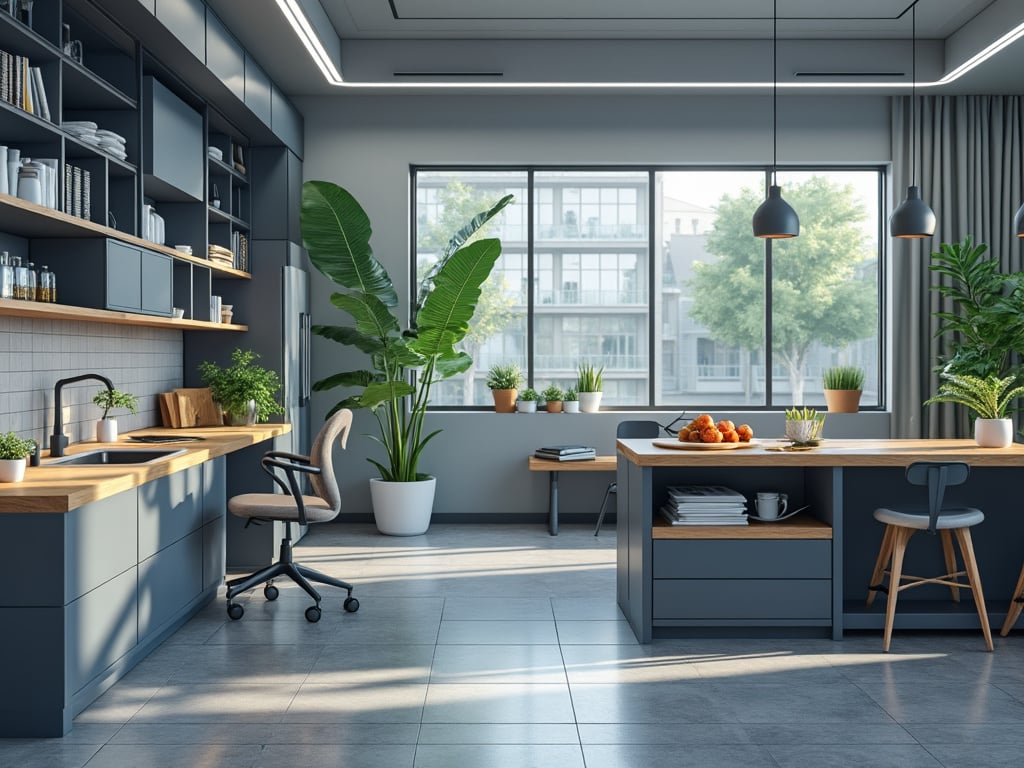 Cocina moderna con muebles grises, acceso a luz natural, plantas decorativas y una isla central con frutas.