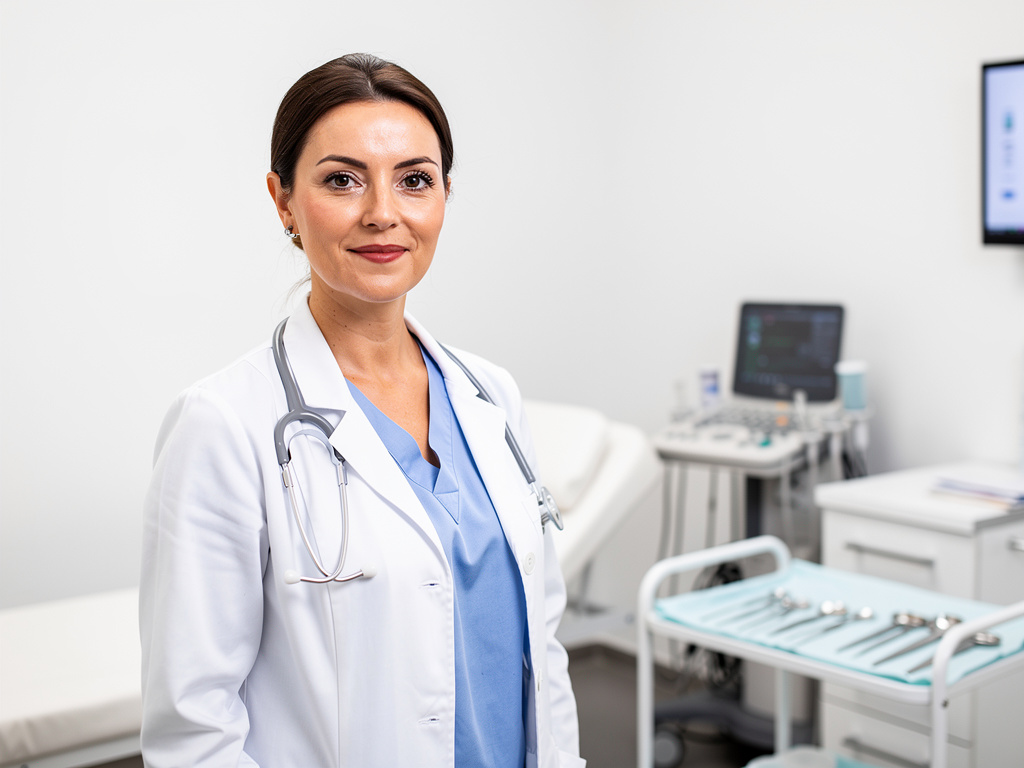 Doctora con bata blanca y estetoscopio en consultorio médico moderno con equipo clínico