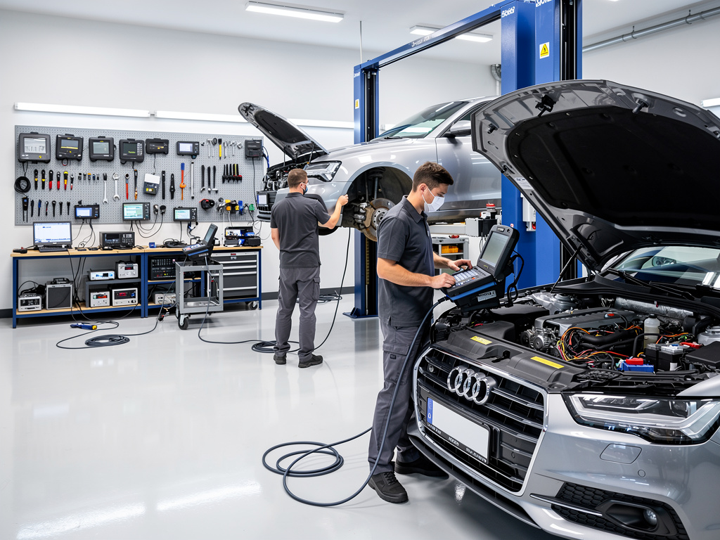 Técnicos realizando diagnóstico y mantenimiento de coches Audi en taller mecánico moderno con elevador y herramientas especializadas