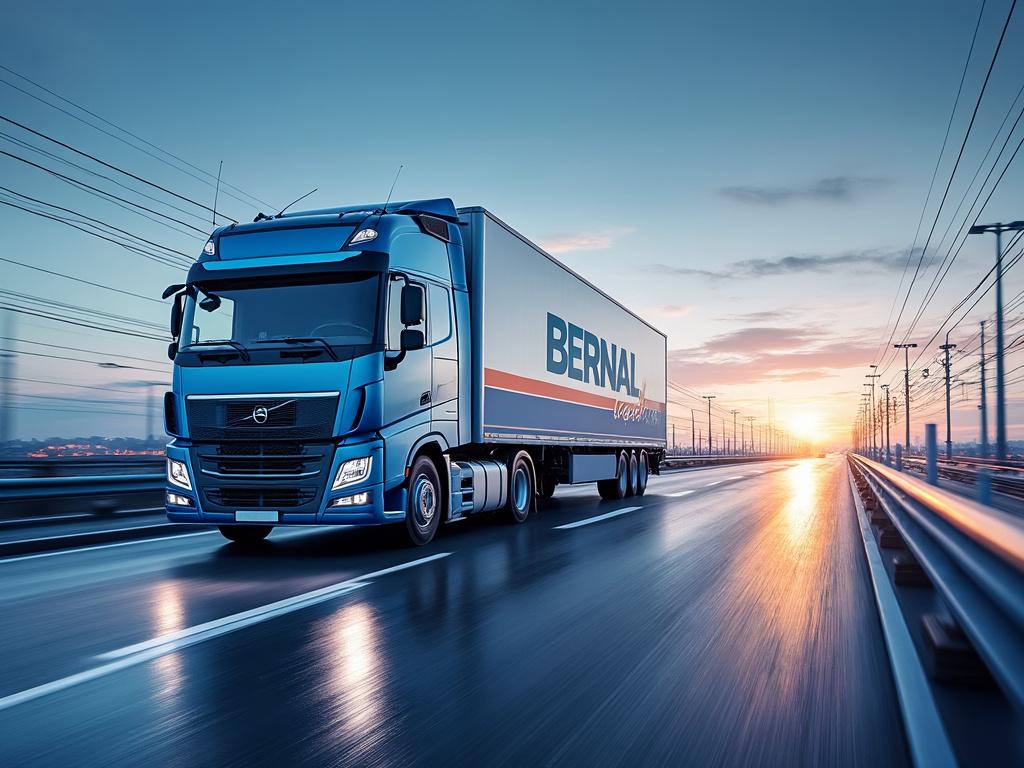 Camión azul con remolque 'BERNAL' circulando por autopista al atardecer.