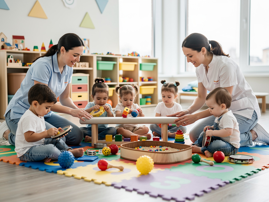Educadoras jugando con niños pequeños en guardería con juguetes educativos y alfombra colorida