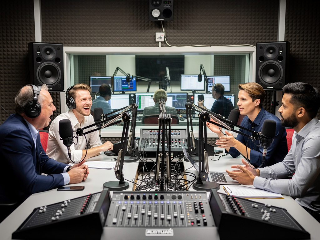 Invitados grabando un podcast en estudio de radio profesional con micrófonos, auriculares y mesa de mezclas