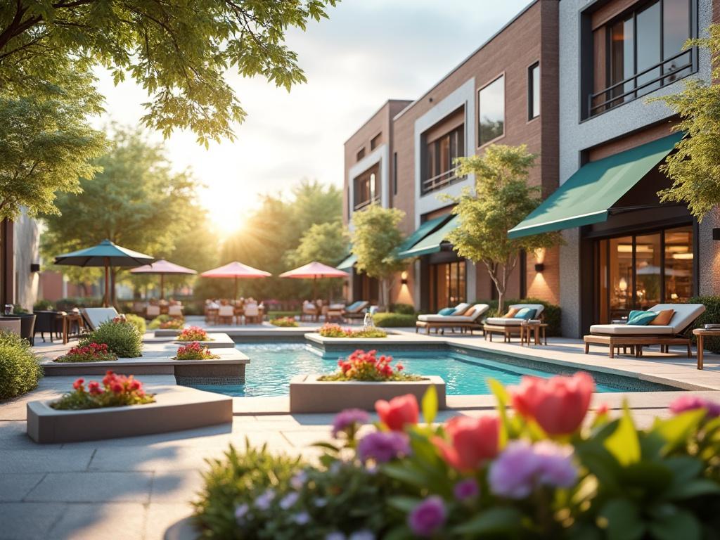 Modern luxury apartment complex with a landscaped pool area, featuring sun loungers, umbrellas, and abundant flowering plants under a sunlit sky.