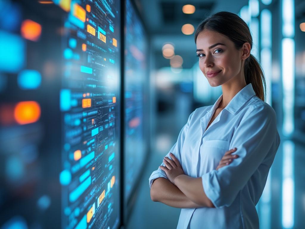 Mujer profesional frente a una pantalla digital con datos en un entorno tecnológico moderno.